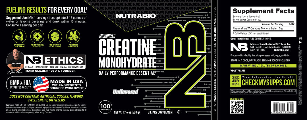 CREATINE MONOHYDRATE 100 SERVINGS UNFLAVORED BY NUTRA BIO ( HALAL,GMP CERTIFIED, FDA APPROVED)